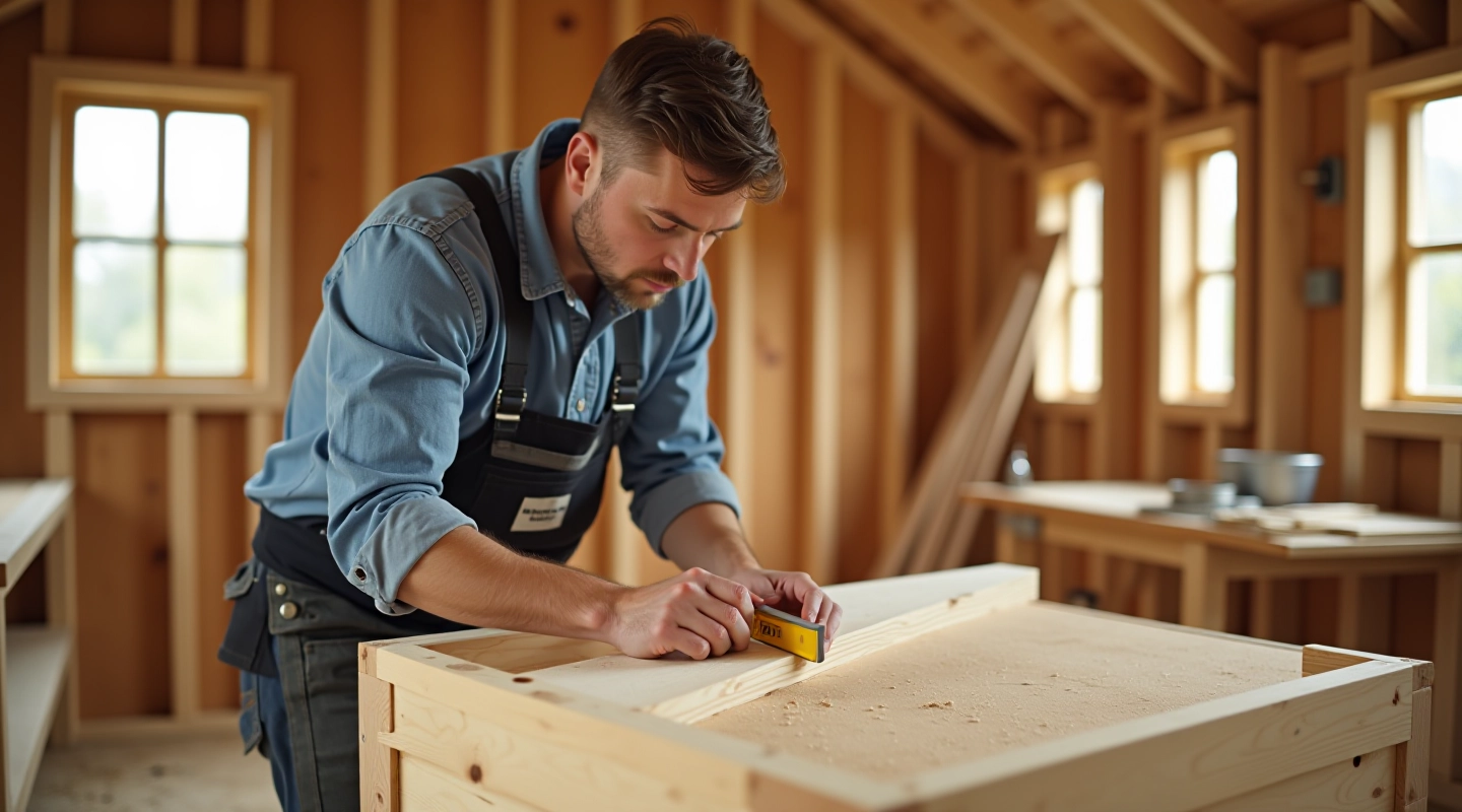 Professional carpenter measuring and marking wooden wall frame components with framing square and level, workshop setting with sawdust and tools visible, natural lighting from windows