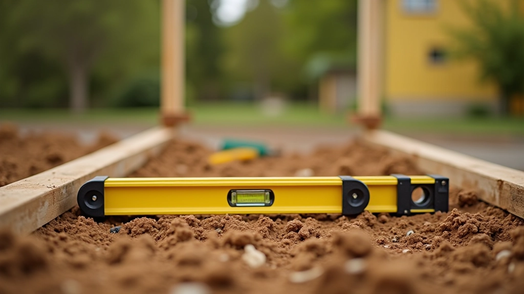 Foundation preparation with level and measuring tools