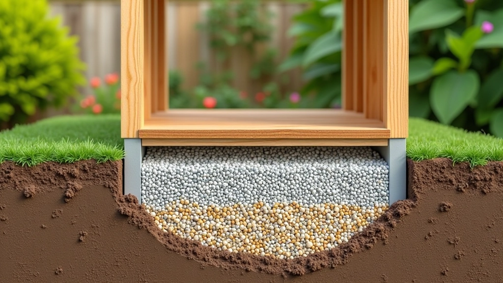 Cross-section diagram showing gravel drainage layer under shed foundation with landscape fabric and sloped ground for water runoff