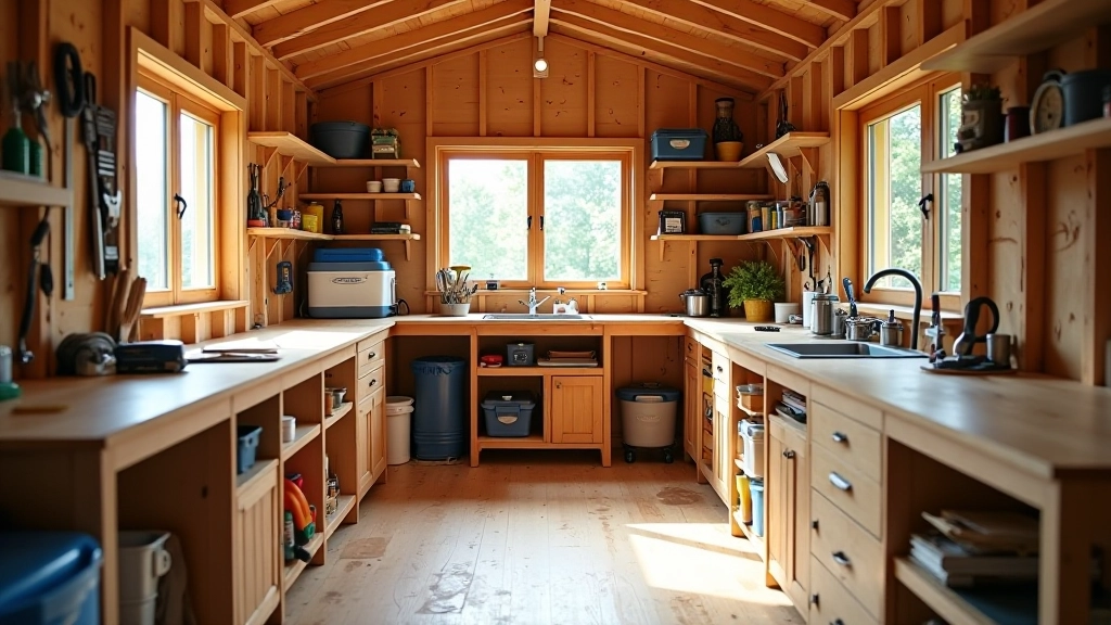 Organized interior storage system in a garden shed workspace