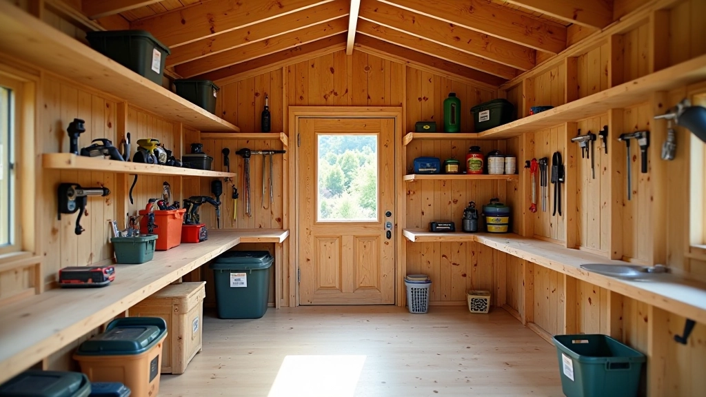 Interior of organized shed with shelving units and storage solutions showing practical tool storage and space organization