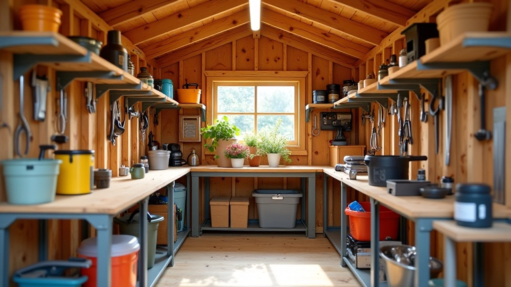Organized shed interior with tool storage and shelving