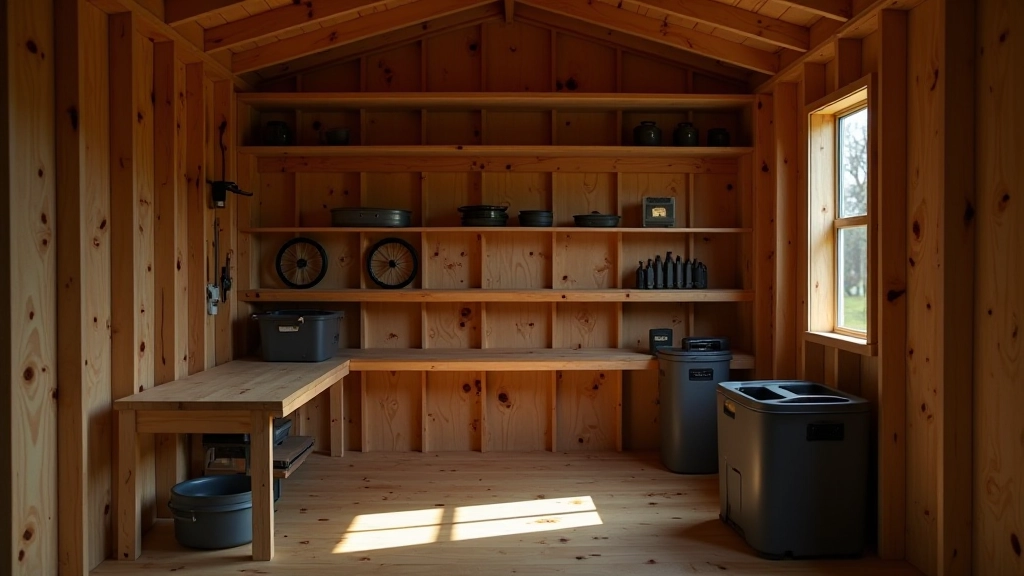 Interior shelving and tool storage organization inside a shed