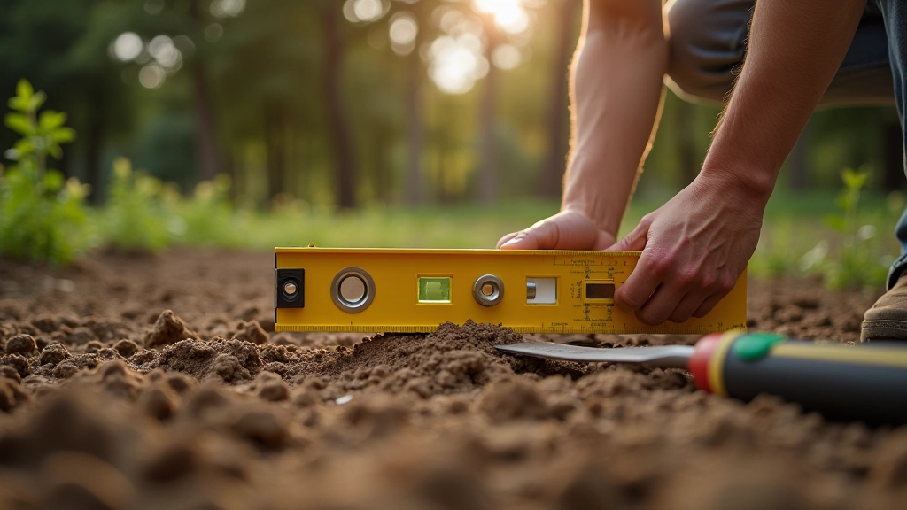 Level and measuring tools on properly prepared ground for shed foundation installation