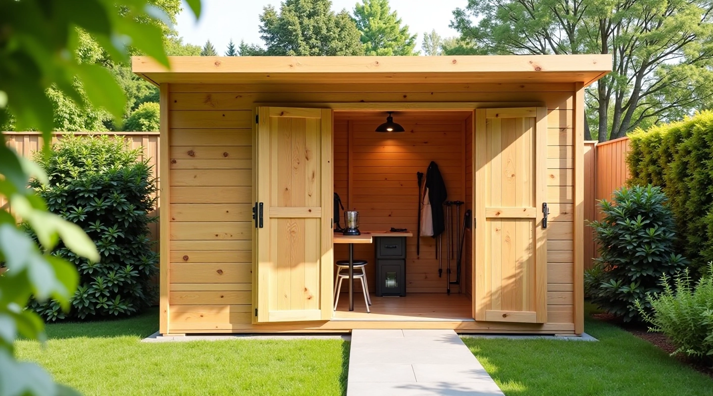 Professional garden shed assembly and organized tool storage area
