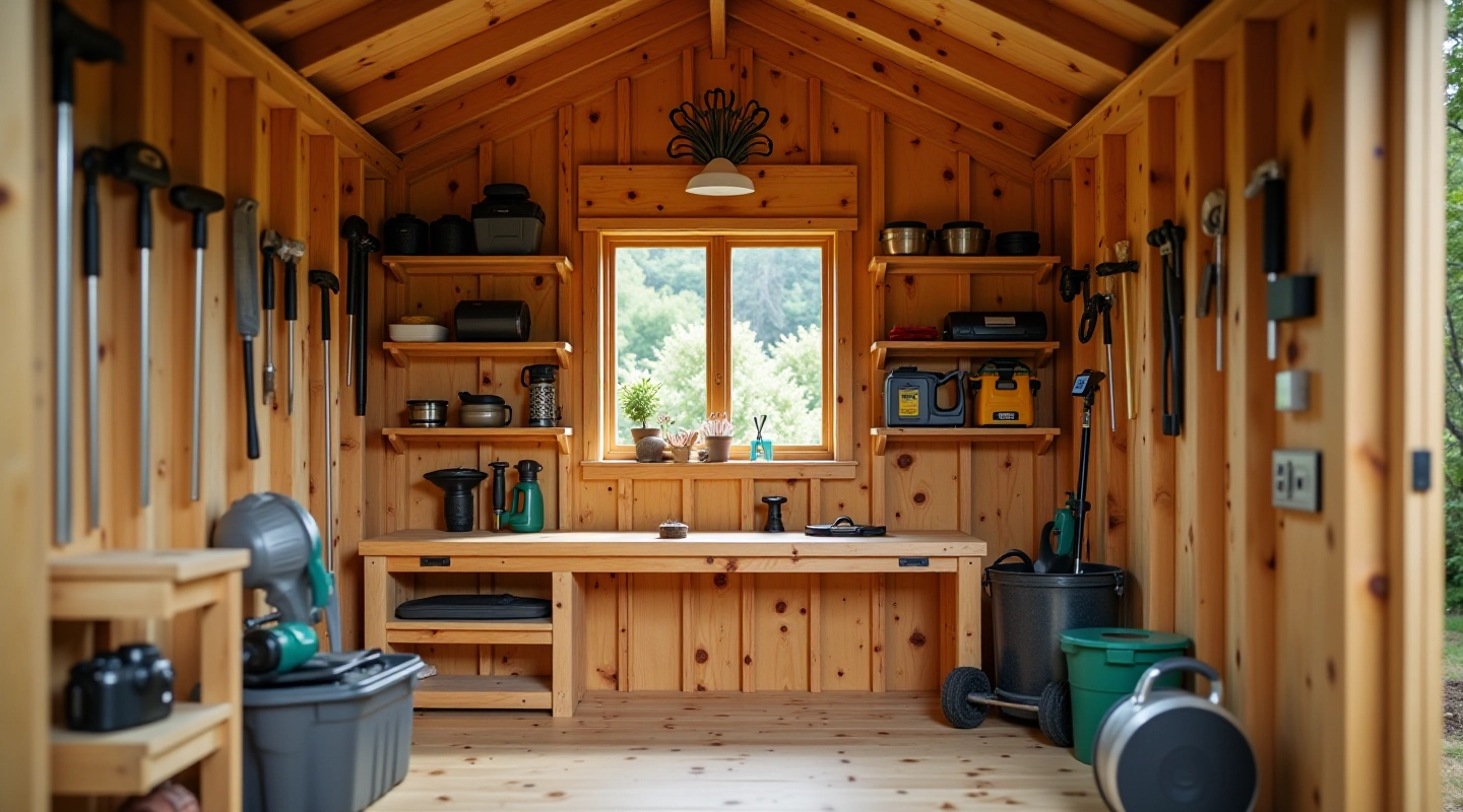 Organized garden shed interior with wooden shelving, tools stored vertically, and clear workspace in center