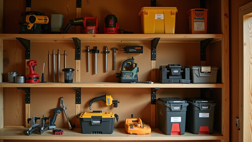 Close-up of organized shelves with hand tools on pegboard, power tools on middle shelf with labeled containers, and seasonal storage boxes on upper shelves