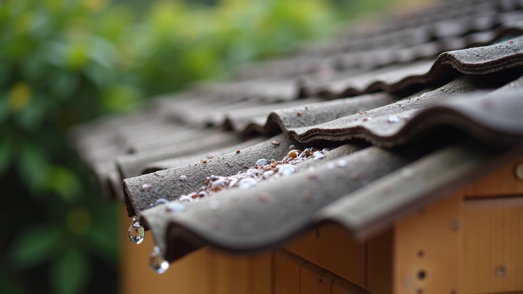 Close-up of roof pitch angles showing water flowing down asphalt shingles at 45-degree angle, clear rain water drainage
