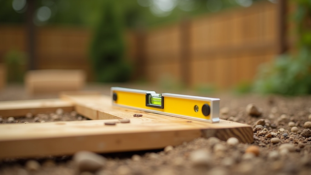 Spirit level tool on wooden board checking ground surface showing proper leveling technique for shed foundation site