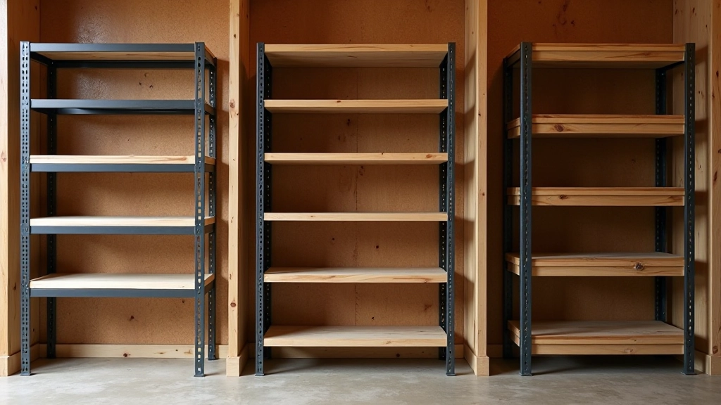 Three different shelving systems displayed side by side: metal industrial shelving, wooden shelf unit, and combination metal frame with wood shelves