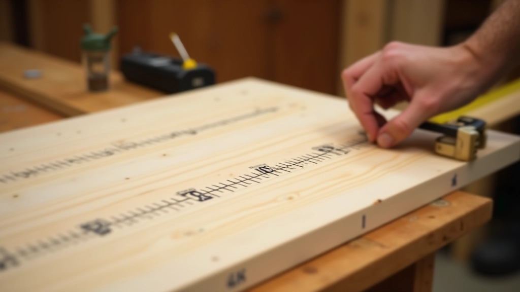 Close-up of wooden bottom plate with pencil marks at 16-inch intervals, measuring tape stretched along length, carpenter's square and chalk line visible, workshop lighting