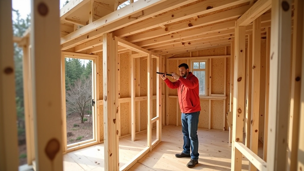 Wooden shed walls being framed and assembled showing wall construction and checking for square during assembly process
