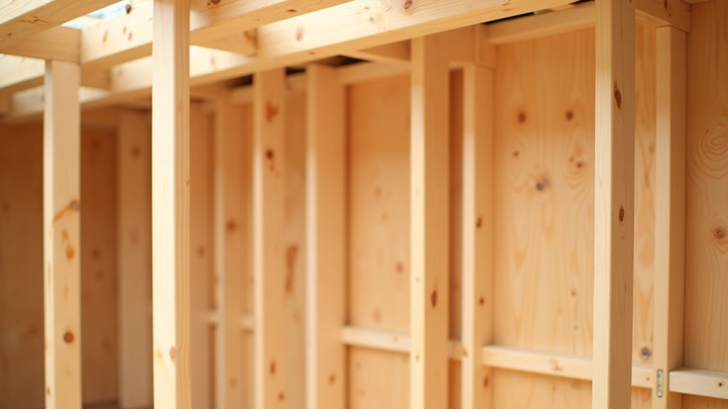 Wooden wall frame assembly showing vertical studs and horizontal bracing for garden shed