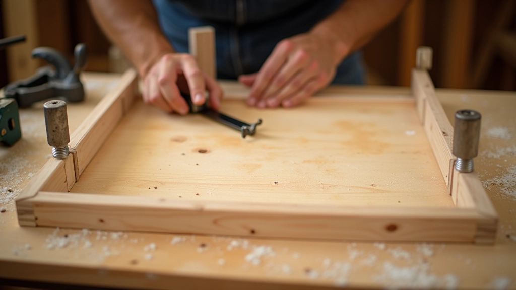 Wooden wall frame lying flat on work table, top and bottom plates connected with vertical studs, carpenter using speed square to check corners, clamps holding joints, sawdust on table surface