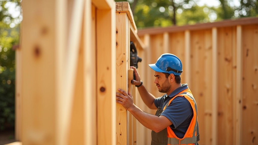Worker assembling wooden wall frame sections for garden shed, showing proper positioning and alignment
